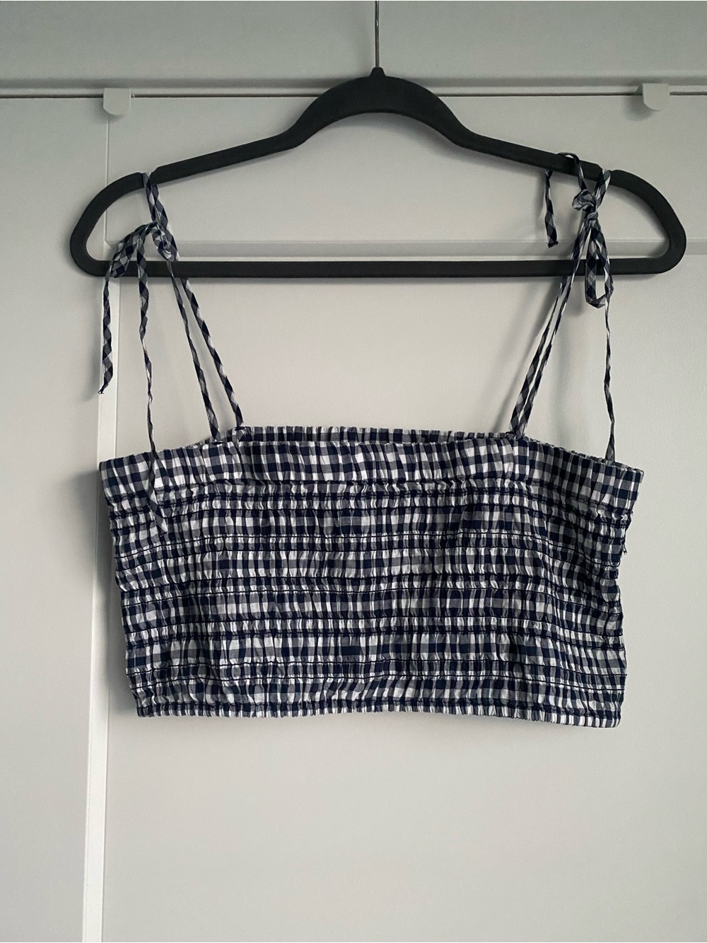 J Crew Women's Spaghetti Strap Cropped Halter Top Sz M Blue Plaid Elastic New